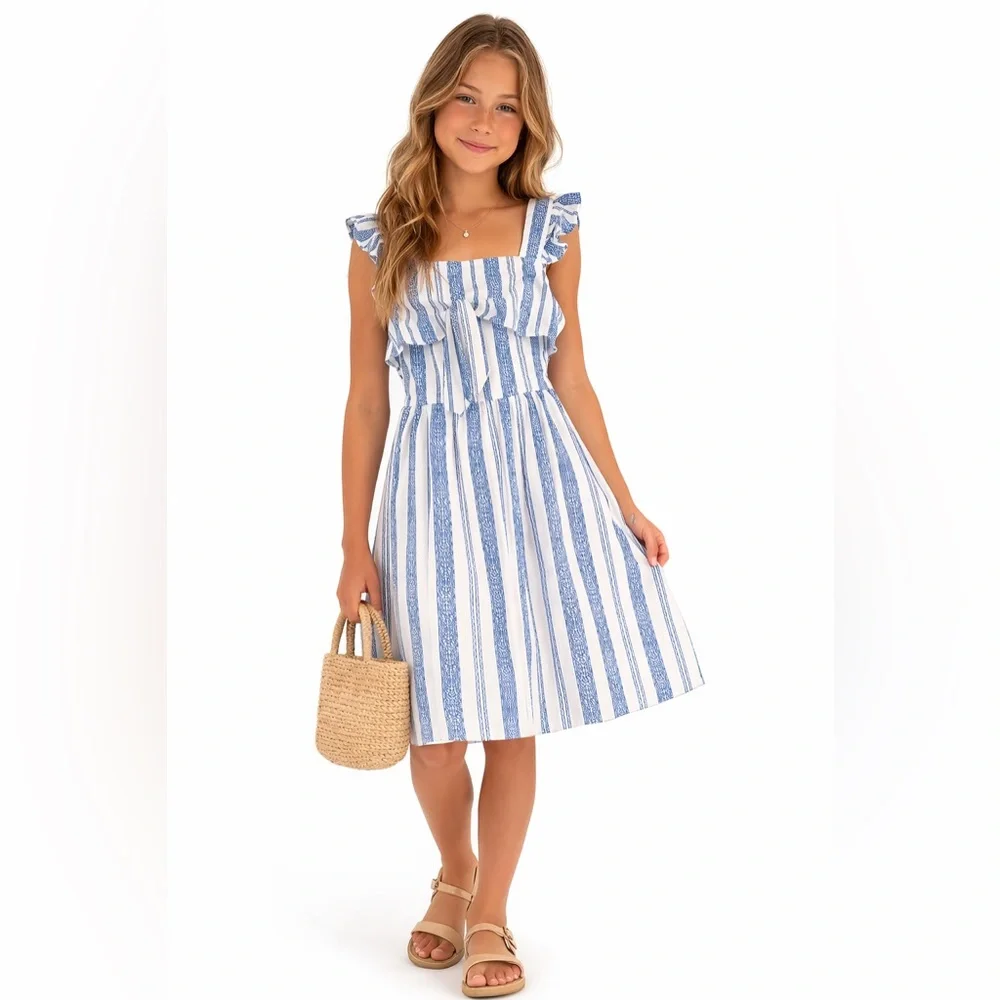 Emily West Blue and White Ruffled Tiered Sundress